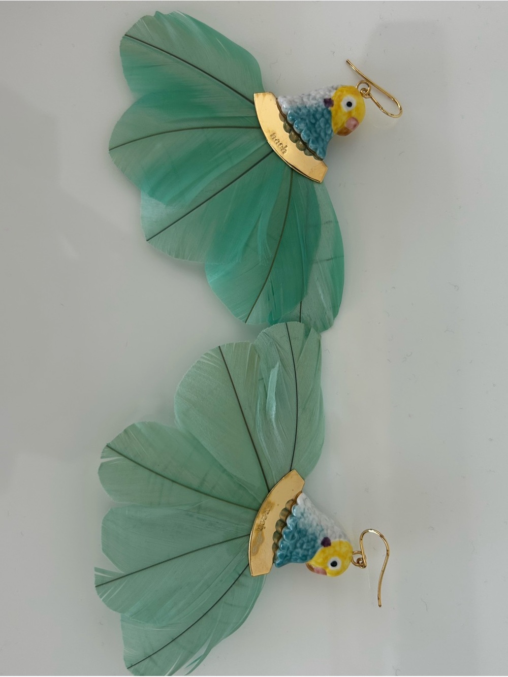 Handcrafted Green Feather Parrot Earrings - Unbranded